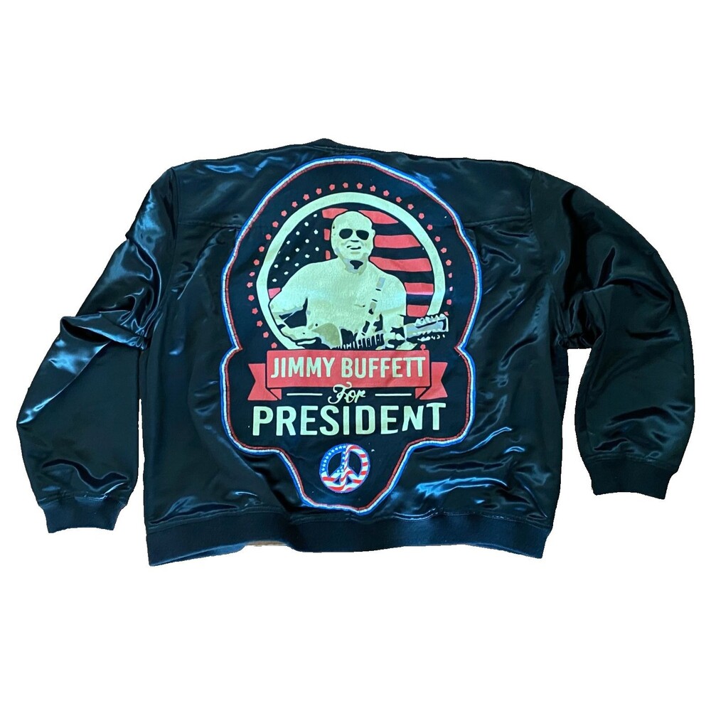 CARIBBEAN JOE Jimmy Buffett Satin Bomber Jacket Womens 2X Upcycled T-shirt Patch
